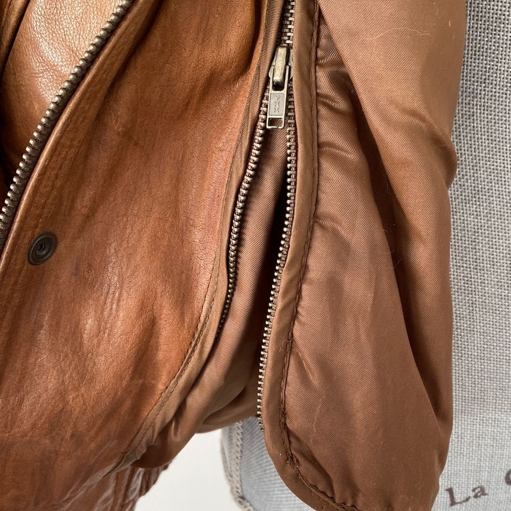 Vintage Men's S Brown Leather Bomber Jacket Women M Stand Collar Aviator Retro - Picture 11 of 16